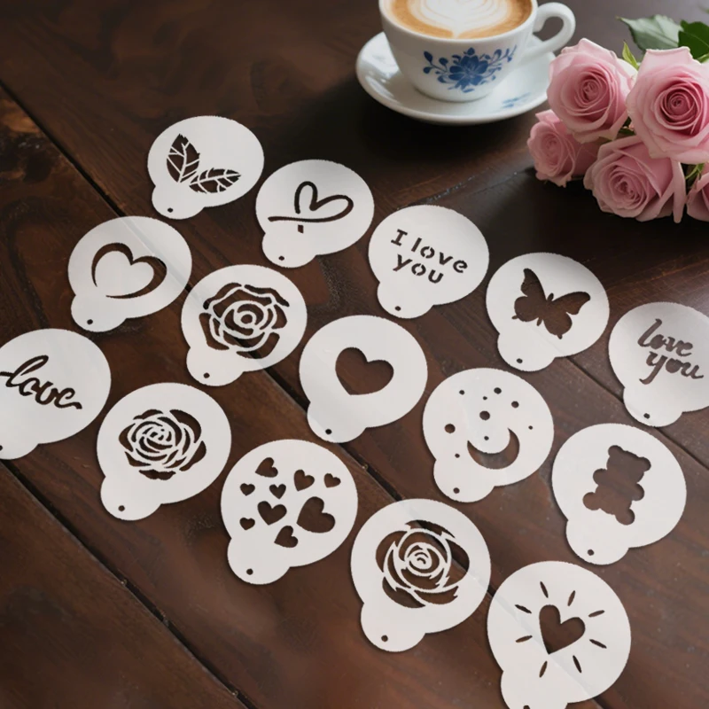 YOMDID 15pcs Fancy Coffee Stamp Stencil Reusable PET Latte Art Stencil for Cappuccino, Hot Chocolate, Cake, Cookie Decoration