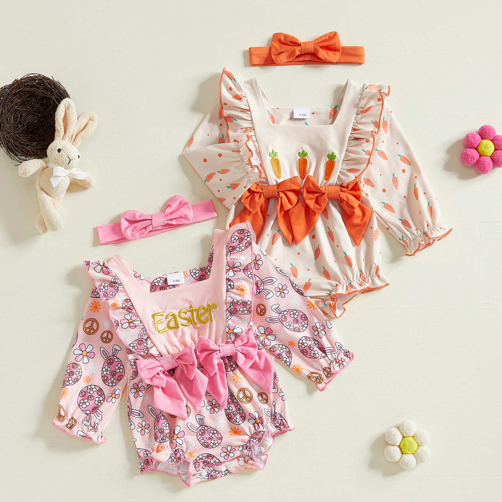 Baby Girls Easter Outfits Bows Bunny Print Carrot Letter Embroidery Long Sleeve Spring Romper with Bow Headband 2 Pcs Set