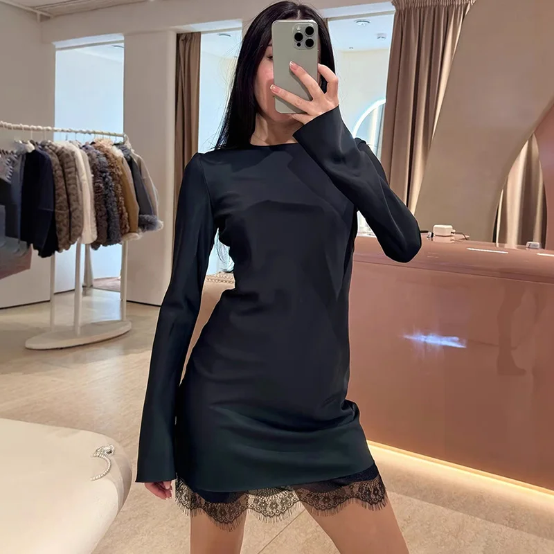 

Talenza Solid Lace Patchwork Dress Fashion New Vintage Satin Slim Women Dress Elegant Casual Female Streetwear Commuter Vestidos