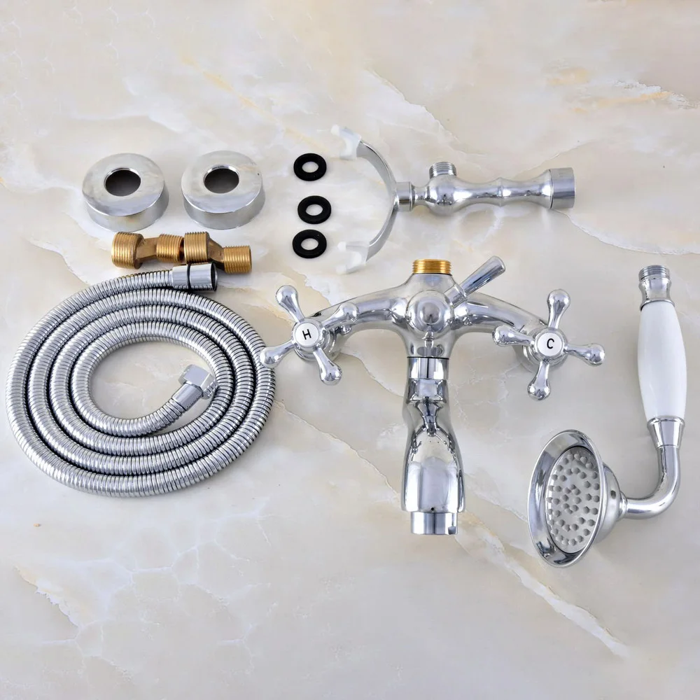 Modern Chrome Brass Wall Mount Bathroom Bathtub Faucet Set WITH/ 1500MM Handheld Shower Spray Head Mixer Tap Dtf810