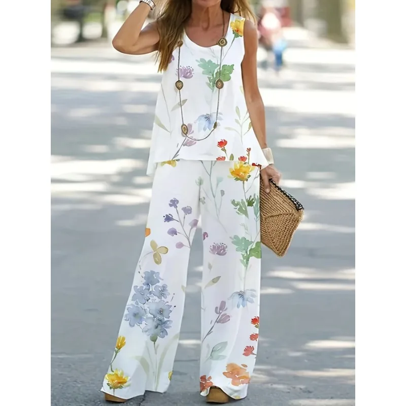 

Plus Size Women Round Neck Printed Tank Top Wide Leg Trousers Casual Loose Two-Piece Set