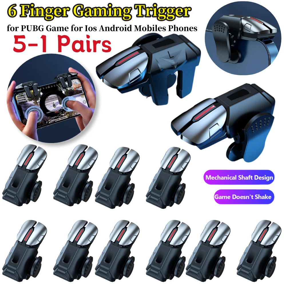 2pcs 6 Finger Gaming Trigger Latency-Free Control for PUBG Game Mobile Gamepad Trigger Joystick for Iphone Android Smart Phone