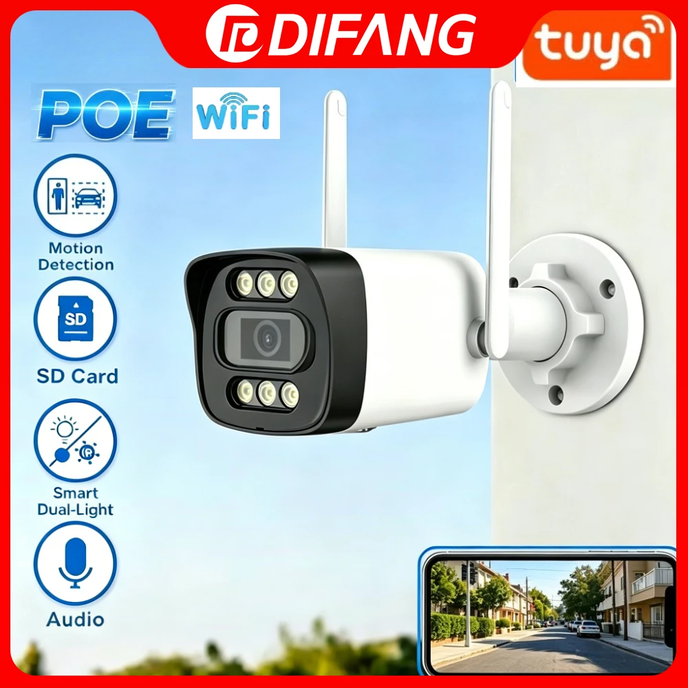 

Уличная IP-камера Tuya 5 МП с двойным POE и Wi-Fi, H.265, цветное ночное видение, Smart Life, Wi-Fi камера видеонаблюдения для улицы