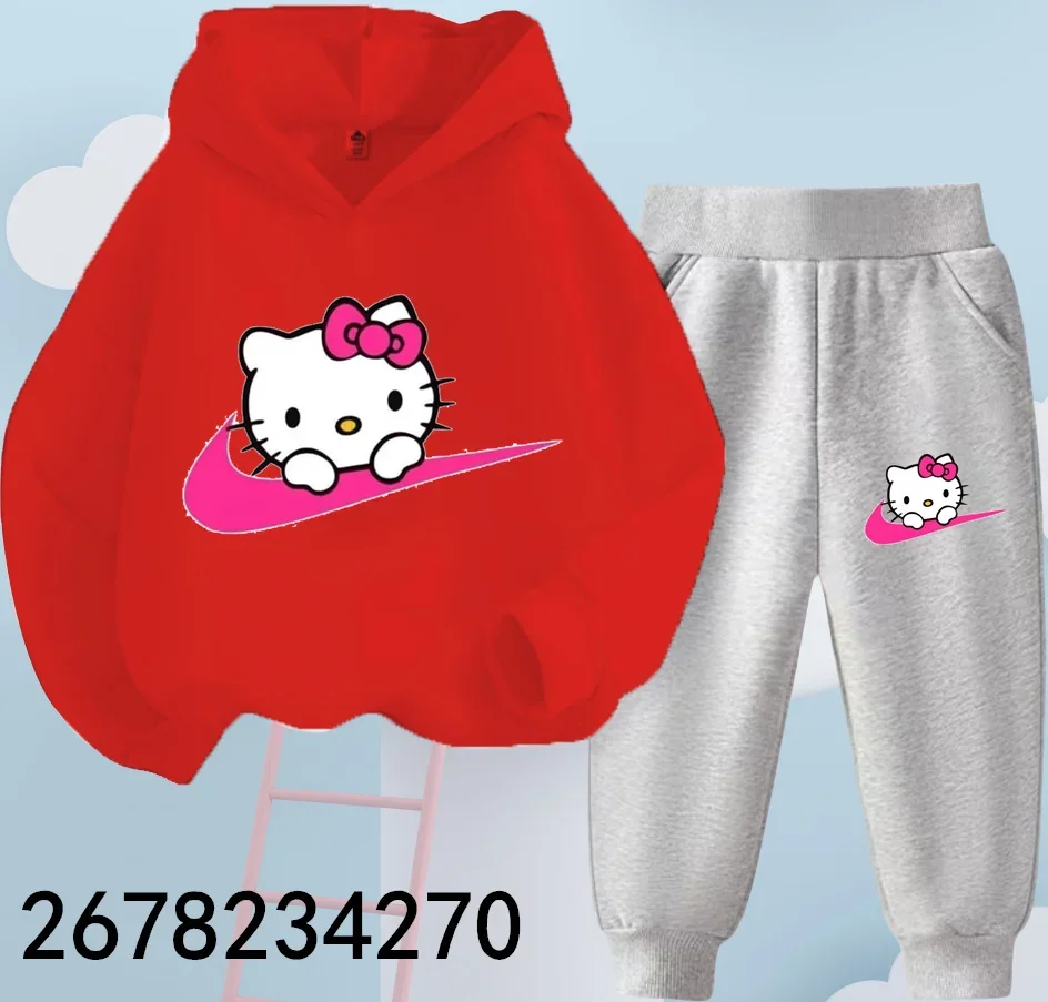 2024 New Hello Kitty Hoodie Set Kids Sweatshirts+long Trousers Clothes Outfits 4-14 Year Children\'s Cartoon Casual Spring Autumn