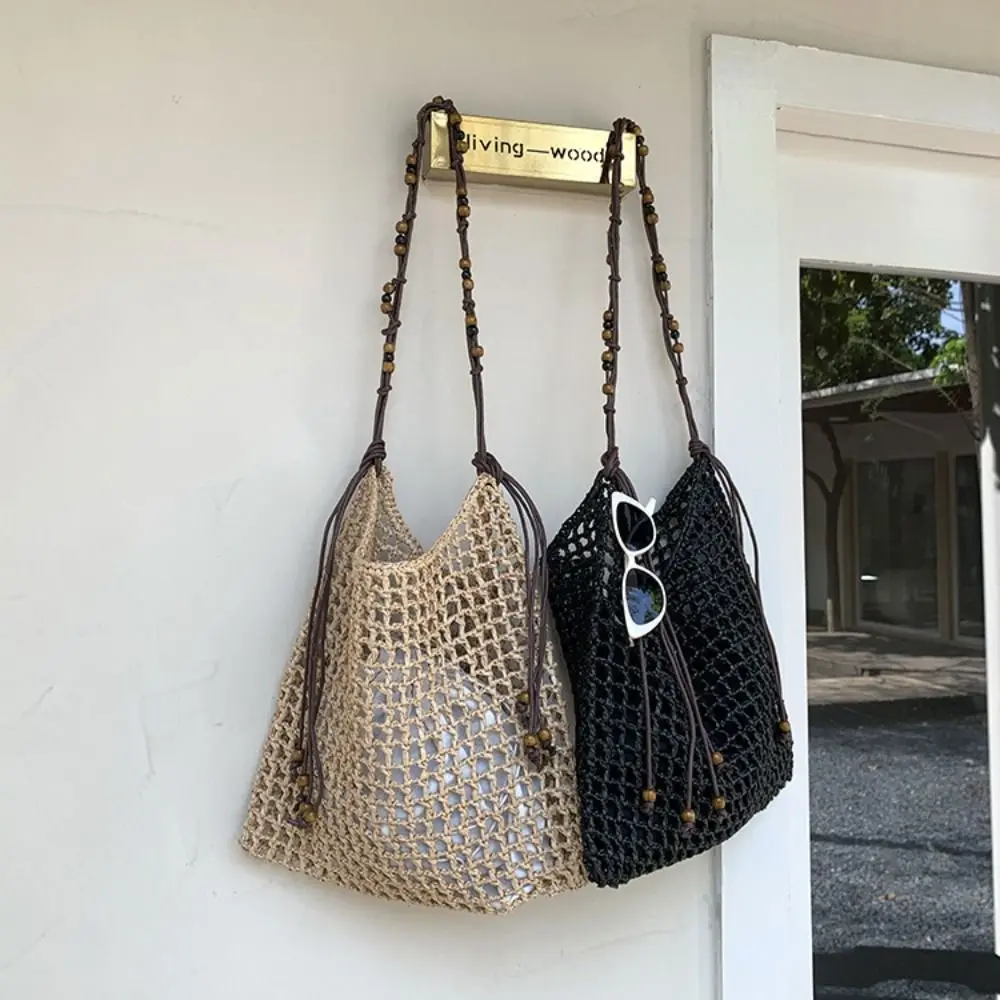 

Trendy Large Capacity Lafite Straw Bag Handmade Drawstring Weave Tote Bag Wood Beaded Underarm Bag Summer Beach Handbag Girls