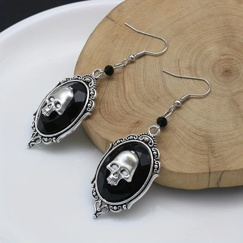 Oval Shape With Skull Pattern Black Dangle Earrings Hip Hop Style Alloy Jewelry Halloween Accessories