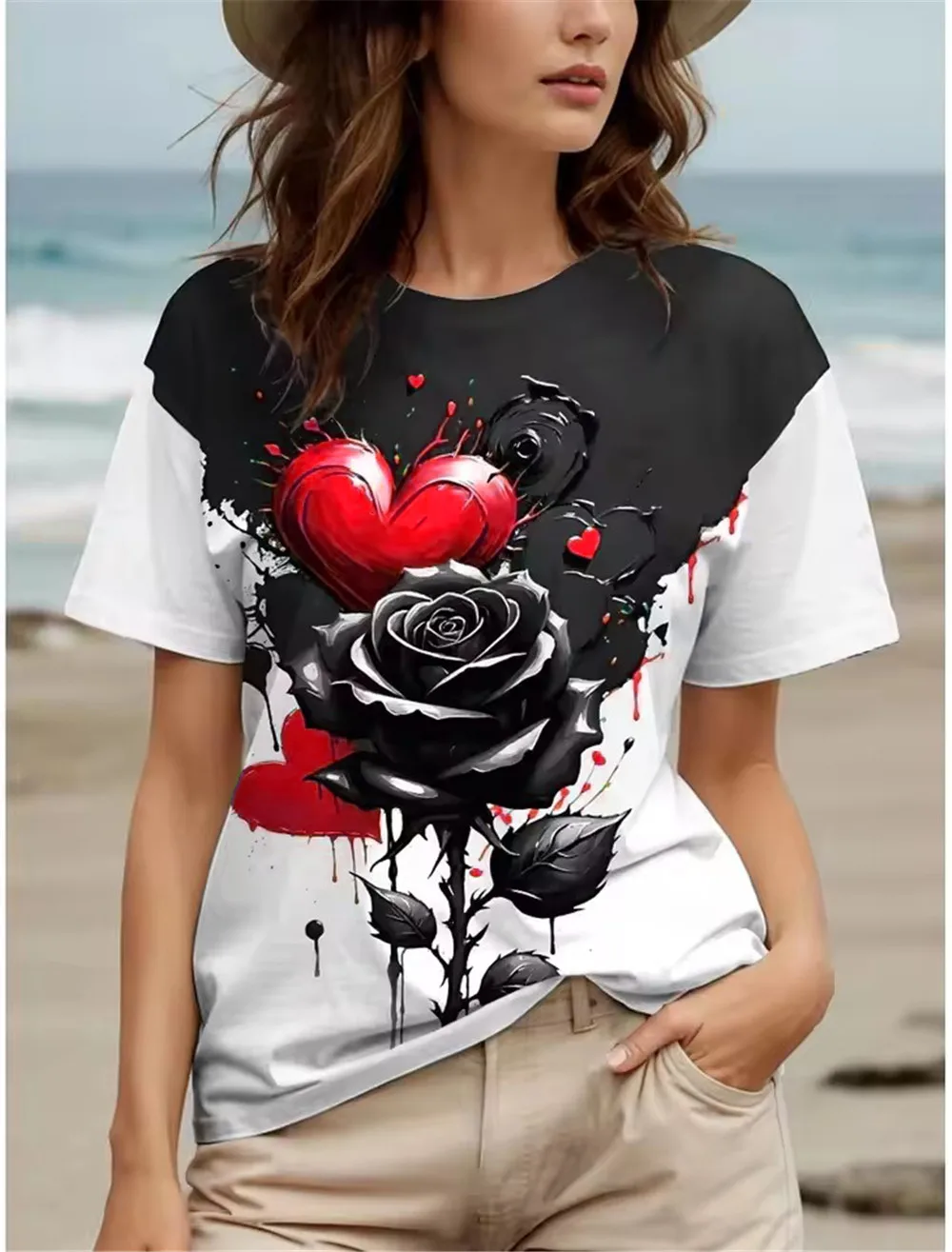 Fashion Love Heart And Floral Women T-Shirts Summer Short Sleeve 3d Flower Print Street Ladies T Shirt 3XL Plus Size Casual Tops