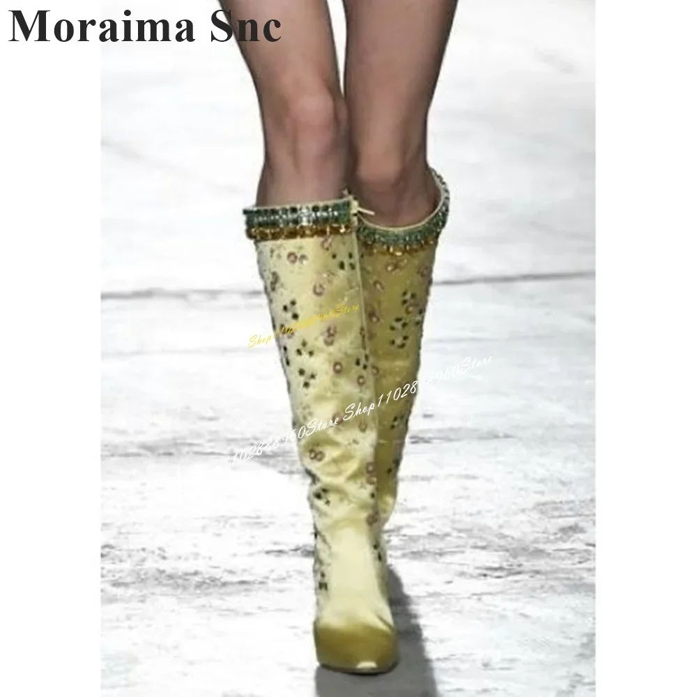 

Knee High Pink Silk Crystal Decoration Boots Thin High Heel Women Shoes Side Zipper Pointed Toe 2024 Fashion Zapatos Para Mujere