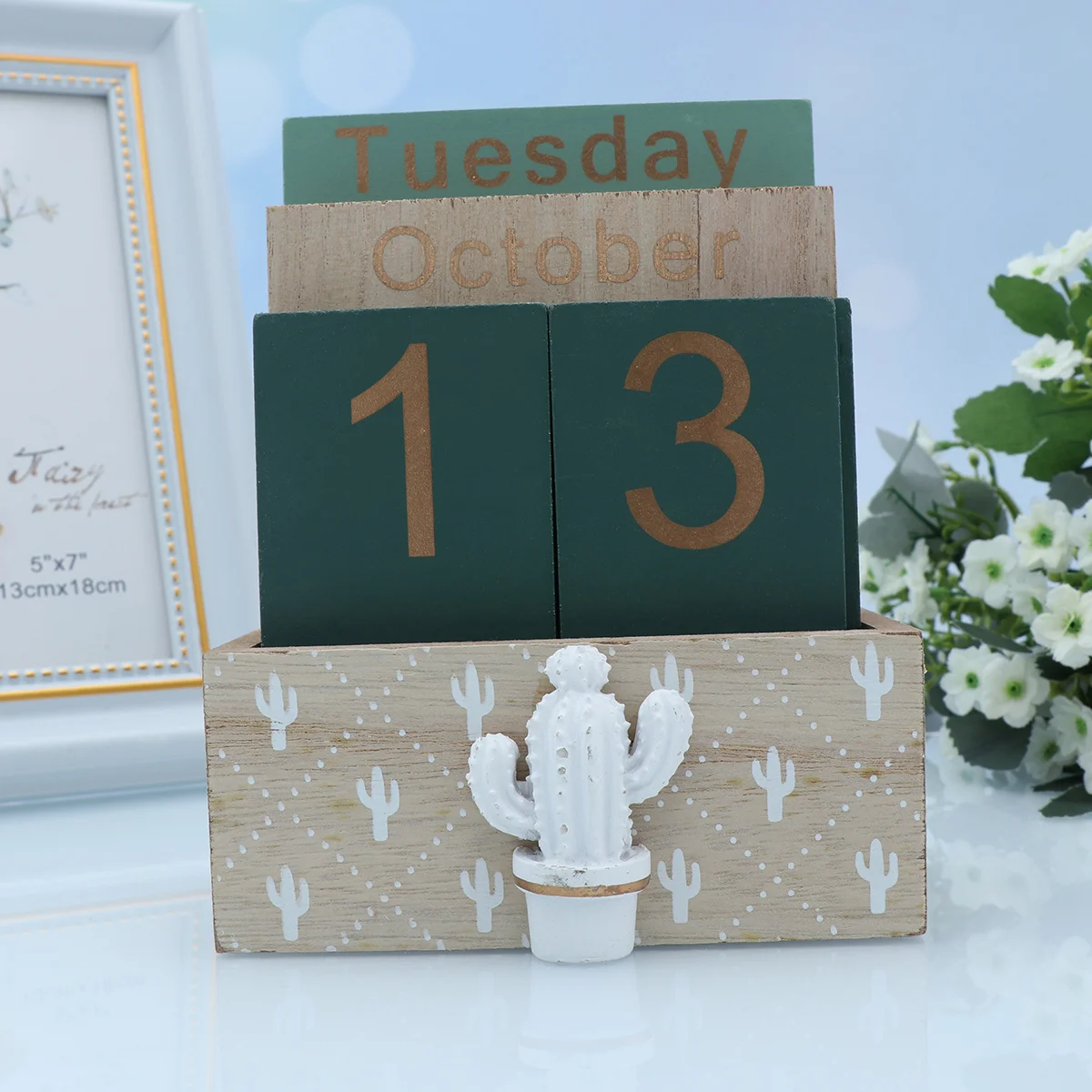 

1pc Wooden Perpetual Calendar Reusable Rustic Desk Display Block For Home Office Cafe Restaurant Decoration Craft Table