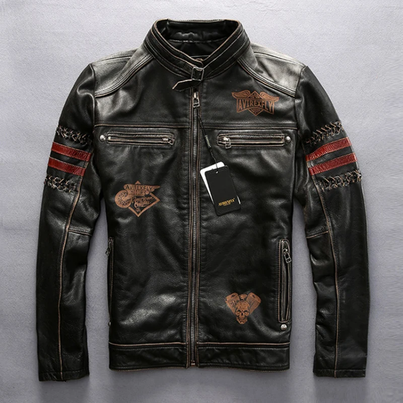 Male Genuine Leather Jacket Vintage Black Thick Cowhide Slim Fit Motorcycle Biker Embroidery Coat Plus Size Jacket