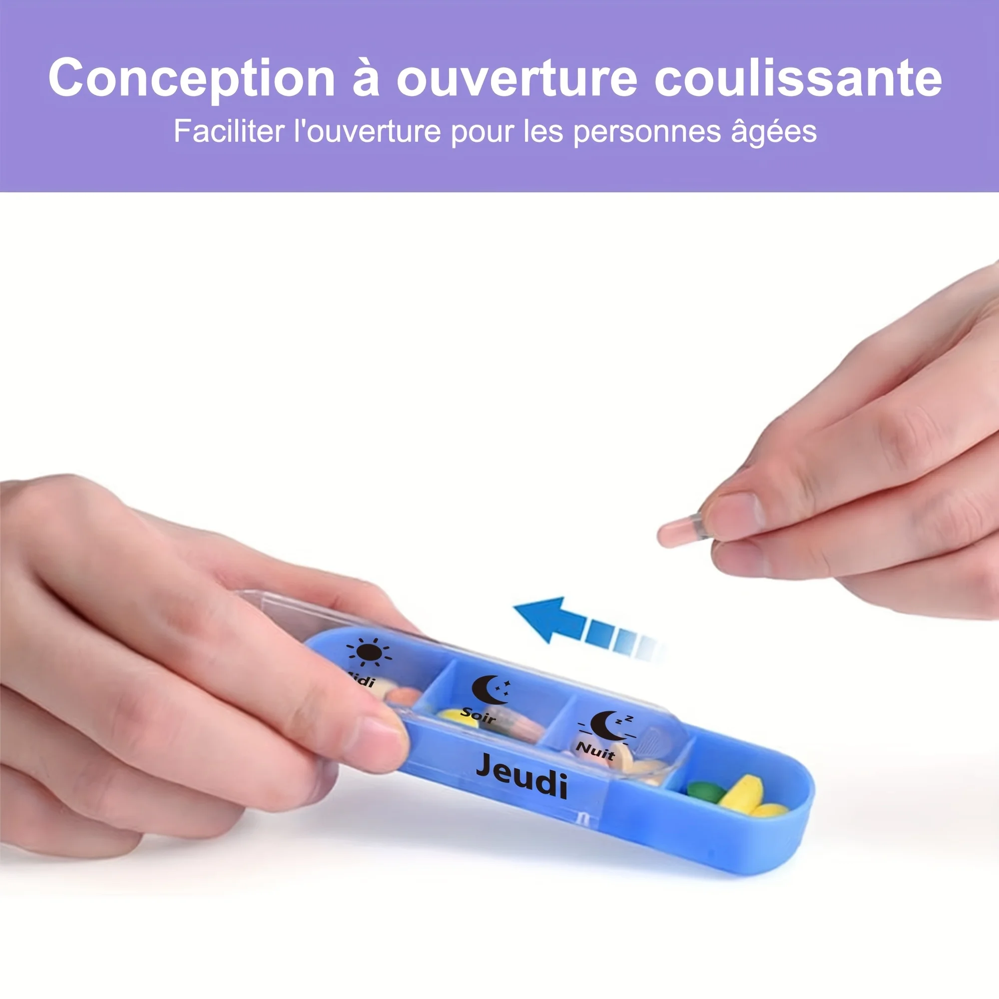 (French)Weekly Pill Organizer Box Case Travel Medication Reminder Daily AM PM, Day Night 7 Compartments in Leather