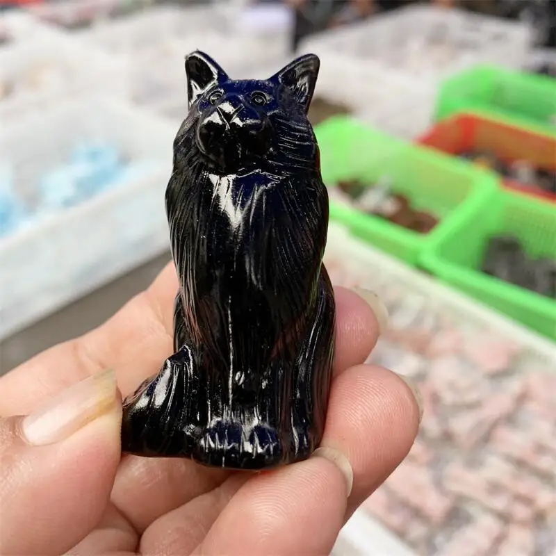 Natural Black Obsidian Wolf Carving Polished Quartz Animal Healing Stones Gems For Home Decorations 1PCS