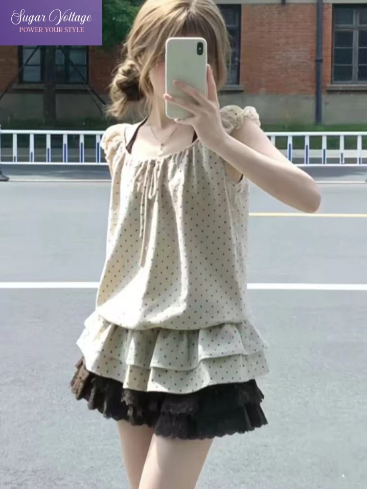 

Korean Sweet Popular 2 Piece Set Women Halter Neck Polka Dot Top + High Waist Layered Skirt Summer Retro Casual Chic Outfits