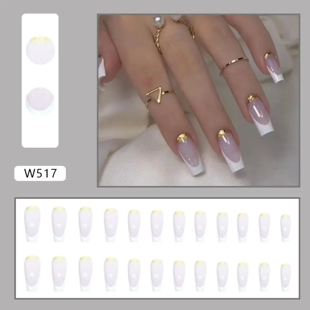 24pcs Long Ballerina French Fake Nails Leaf White Edge Nail Art Full Cover Press on Nails DIY Detachable Nail Tips Manicure