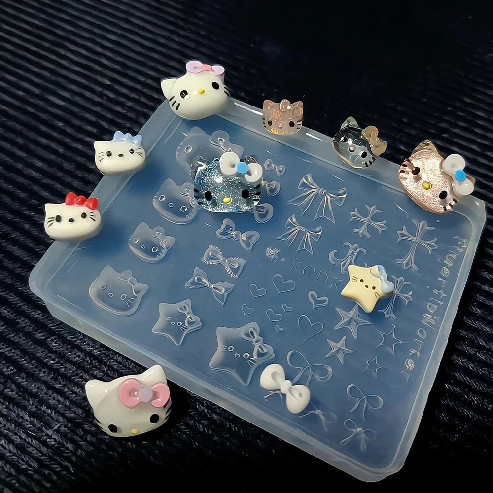 1 Uds. Molde de silicona 3D Kawaii Hello Kitty para decoración de uñas, pegatina transparente con lazo cruzado, plantilla de diseño de gatito para decoración de manicura DIY