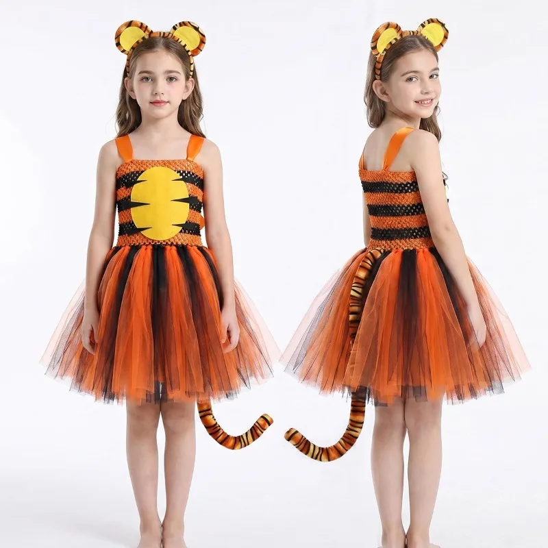 Halloween Cosplay Costume Funny Cartoon Animal Tiger Dress Headpiece Suits Performance Party Role-Playing Outfits for Girls