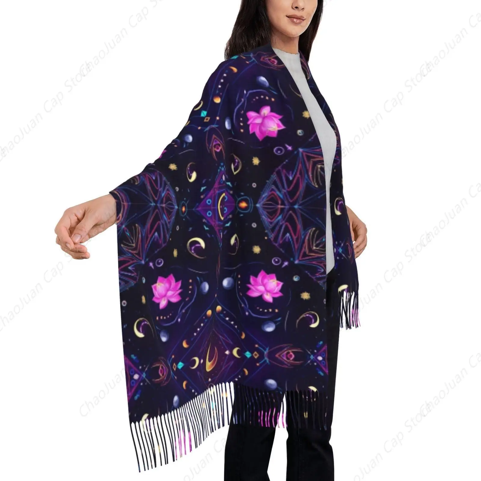 

Sacred Symbols Sun Moon Trippy Purple Pashmina Women Wrap Shawl tassels Scarves for Bridal Wedding Party Evening Dress