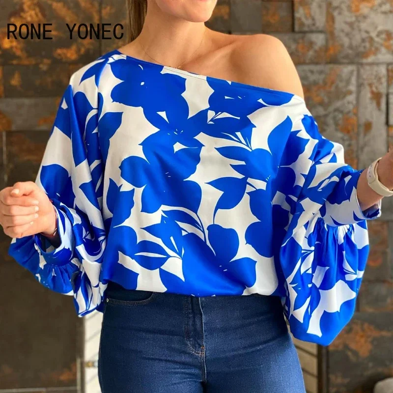 Women Casual Graphic One Cold  Shoulder Puff Sleeves Blouse