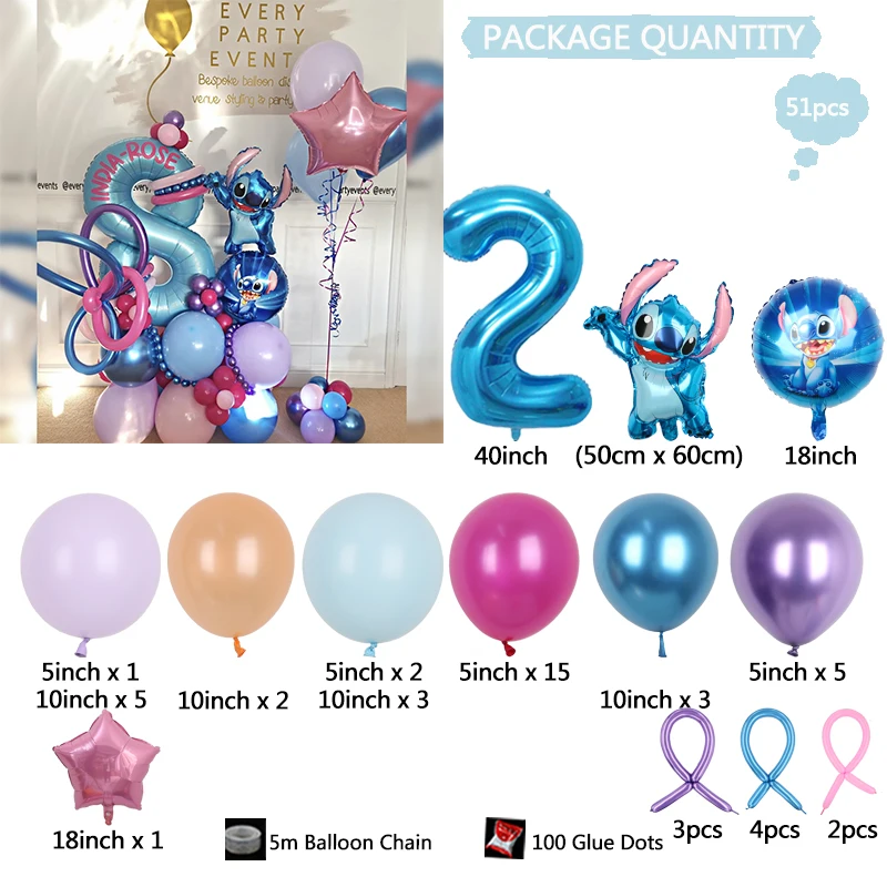 51Pcs Disney Lilo&Stitch Theme Blue Metal Latex Balloons 40'' Number 1-9th Foil Ball Baby Shower Kids Girl Birthday Party Decor image 5