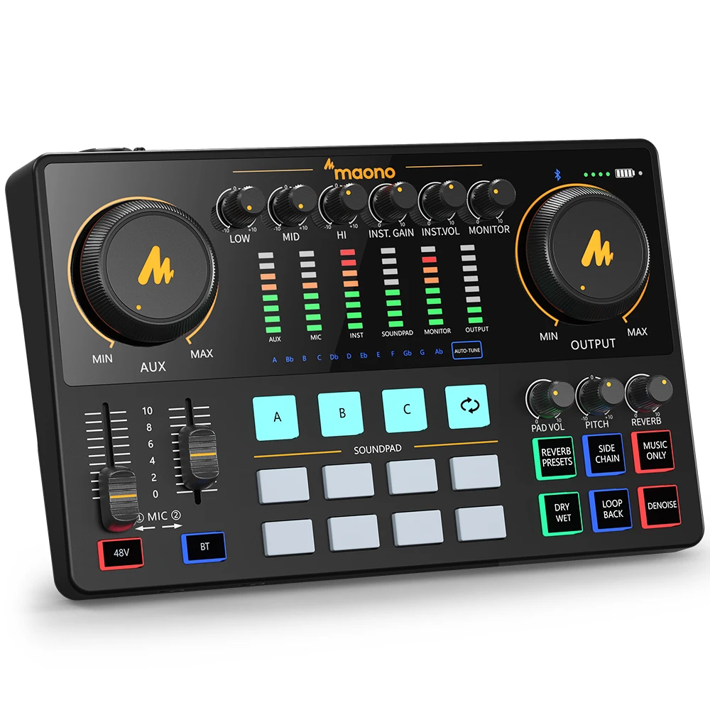 Maono AME2 Interface de áudio Placa de som DJ Mixer Tudo em um estúdio de podcast portátil para gravação, streaming ao vivo, YouTube, guitarra, PC