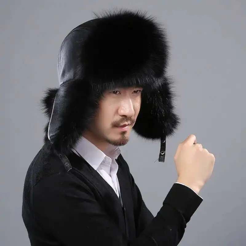 

Real Fox Fur Hat Winter Raccoon Fur Sheepskin Top Lei Feng Hat For Men Outdoor Natural Fur Caps Keep Warm Silver Fox Fur Hat