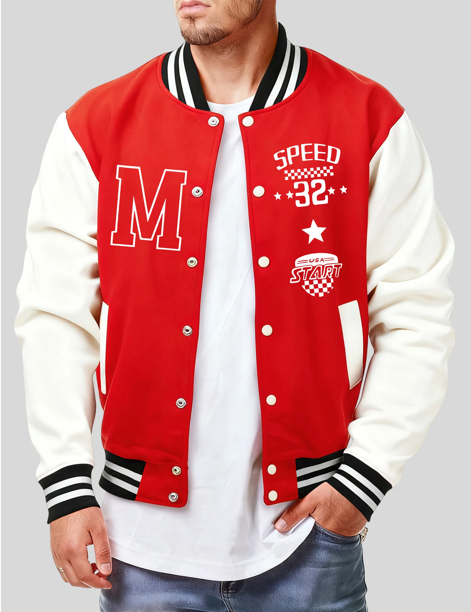 

Letter M Speed 32 Print Baseball Jersey Man Trendy Fleece Streetwear Casual Loose All-Match Top Unisex American Vintage Coat