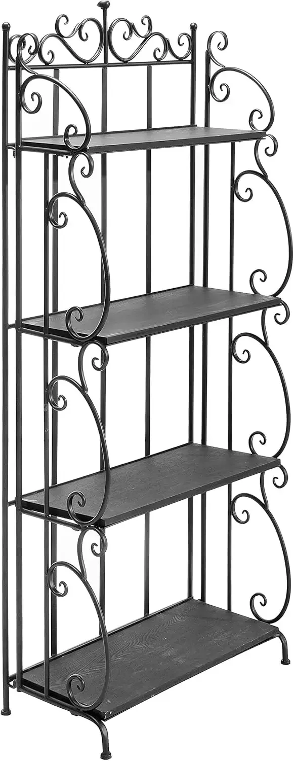 Black Metal Freestanding Shelf Rack, Decorative Bakers Rack Bookshelf Storage Shelf Unit with Metal Scrollwork Frame