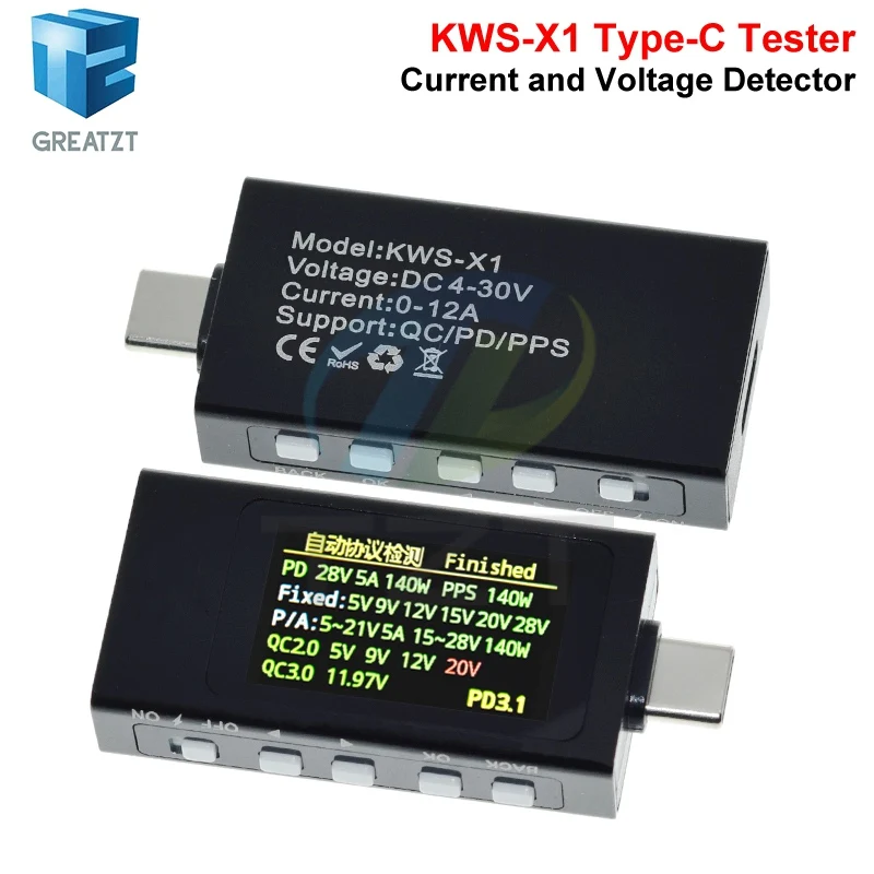 KWS-X1 Type-C Current and Voltage Monitor DC 4-30V 0-12A Power Meter Tester PD Battery Capacity Digital LCD Display Meter