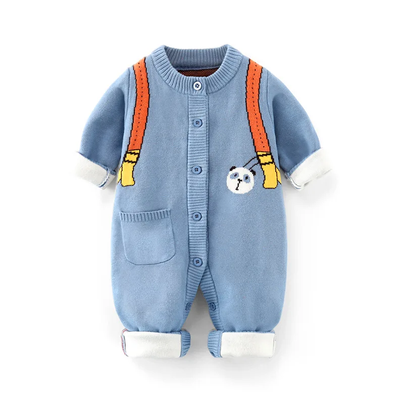 New Autumn Winter Baby Boys Jumpsuit Double Layer Thickening Newborn Boys Onesies Cartoon Bag Lace-ups Cotton Infant Boy Romper