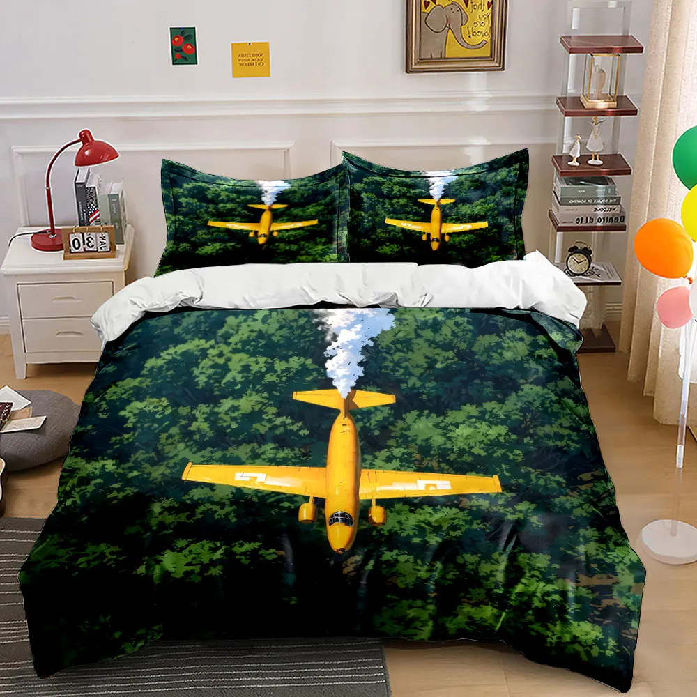 Yellow Aircraft Forest Adventure Set Bedding Set with 1 Duvet Cover 2 Pillowcases Single Double King Queen, Gift