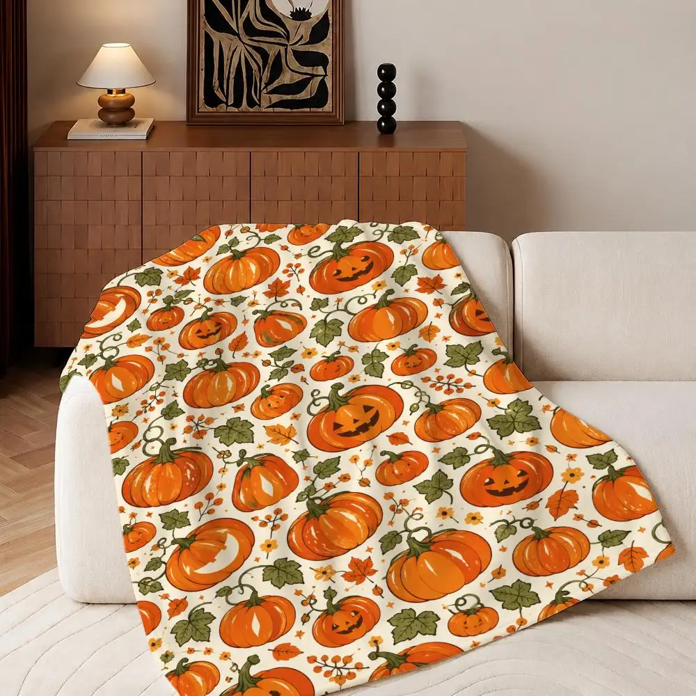 Halloween Pumpkin Cartoon Scatter  Throw Plush Flannel Throw Blanket, Sofa Bed Travel Picnic Home Textile Decor