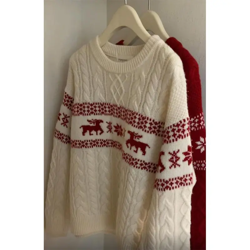 سترة عيد الميلاد للجنسين، ملابس داخلية محبوكة بأكمام طويلة وياقة دائرية، ناعمة من البوليستر، بأسلوب أمريكي عصري للخريف والشتاء