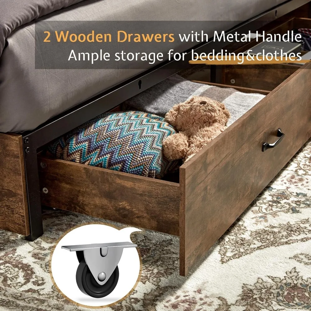 Деревянная кровать размера «queen-size» с изголовьем книжного шкафа, двумя ящиками и зарядной станцией — коробчатая пружина не требуется