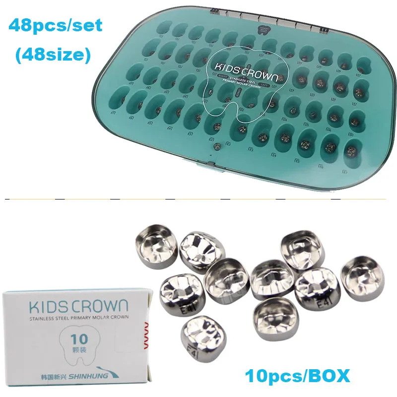 10Pcs/Box Dental Kids Primary Molar Crown Refill Stainless Steel Pediatric Crowns Upper/Lower Right Left D2D7/E2E7 1st 2nd Molar