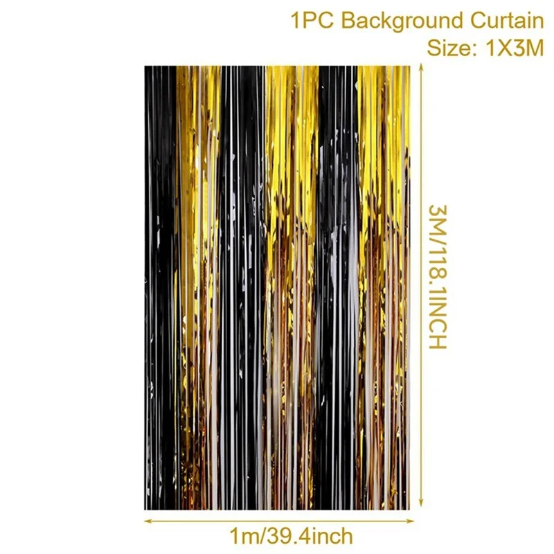 Birthday Party Decorations Backdrop Curtains Glitter Black Gold Tinsel Fringe Foil Curtain Background Wedding Adult Anniversary view 6
