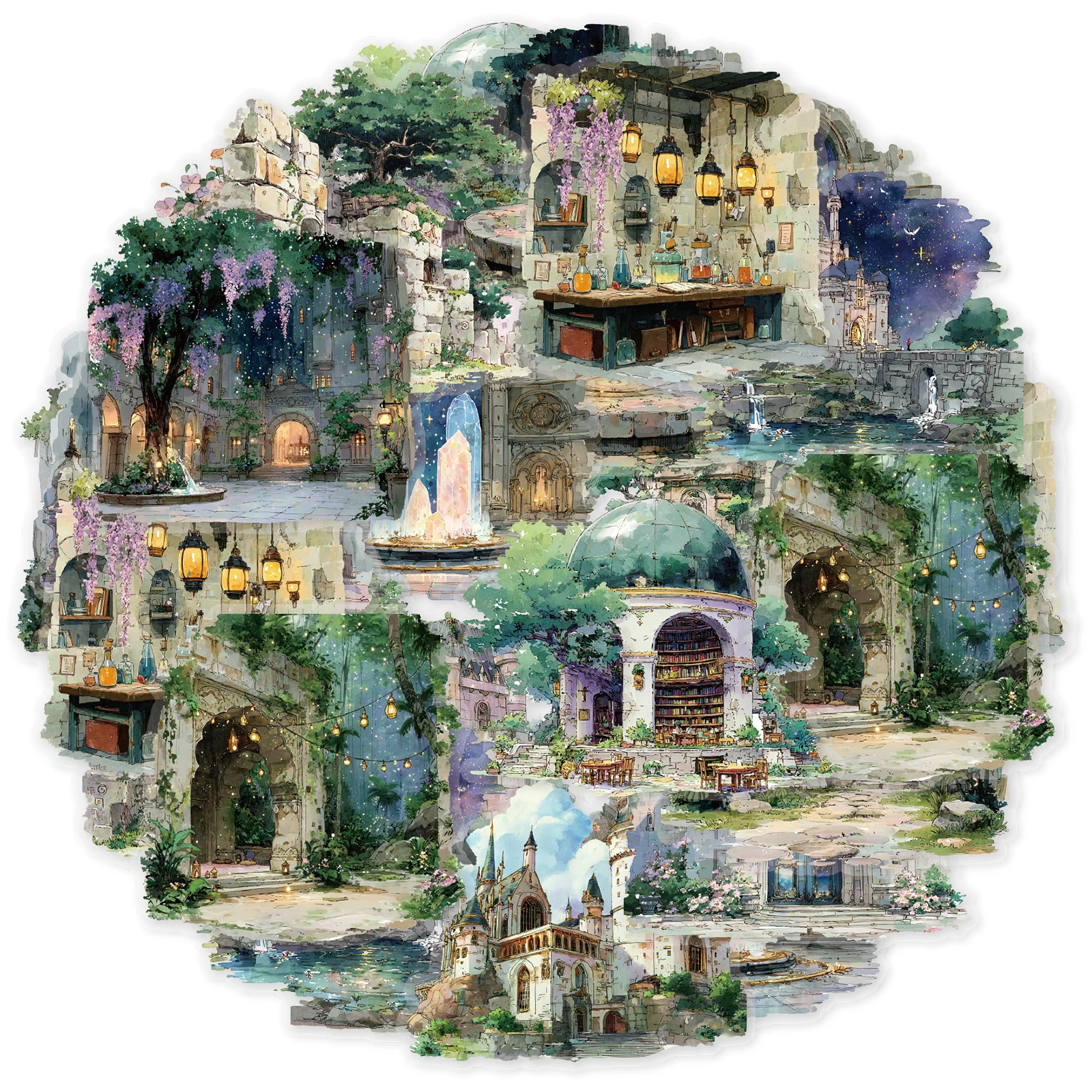 Etori Life Magic World Retro Magic Castle Architecture Pattern Pet Scenery Stickers DIY Scrapbooking Supplies, Room Decoration, Notebook, Phone Stickers, Photo Album, Children's Gift Paper Bag, Retro Party, Toy Stickers, Die-Cut Craft, Waterproof Decals