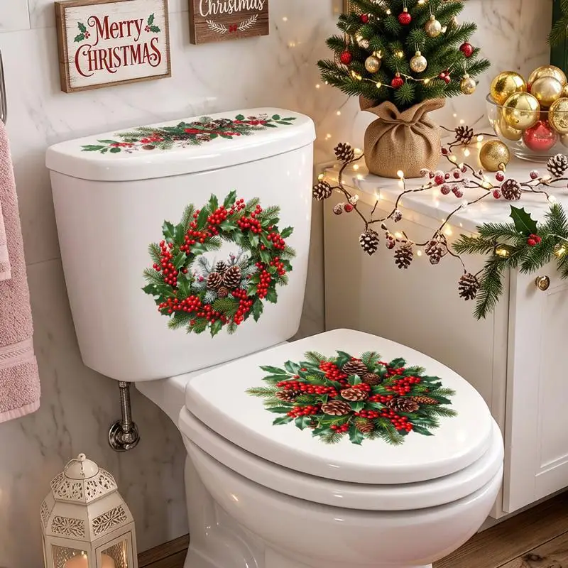 Christmas Pine Wreath Toilet Sticker Bathroom: Realistic Beach Floor Decal Waterproof Anti Slip