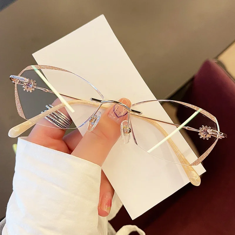 -100 -125 -150 Ultra Light Diamond Rimmed Frameless Glasses Female Myopia Degree Lens Anti Blue Light Frameless Eyeglass Frame