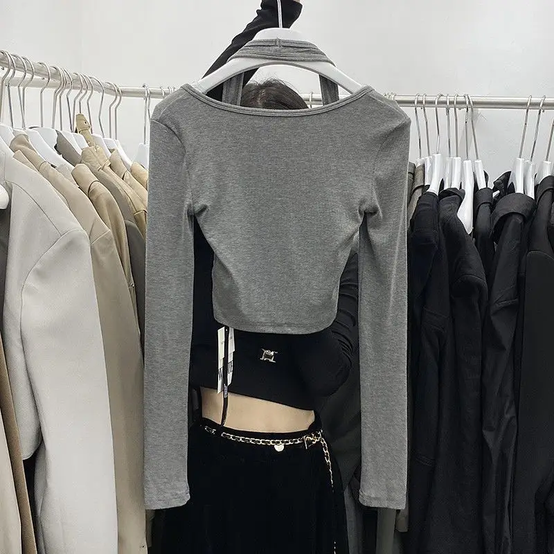 Camiseta de manga larga para mujer, camiseta con cuello Halter y parte inferior de diseño, primavera 2026