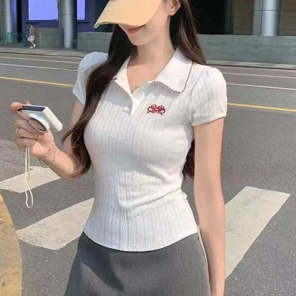 

Ins Fashion Embroidery Korean Polo T-Shirt Streetwear White Polo Knitwear Tops Short Pullover Y2K Crop Top Travel