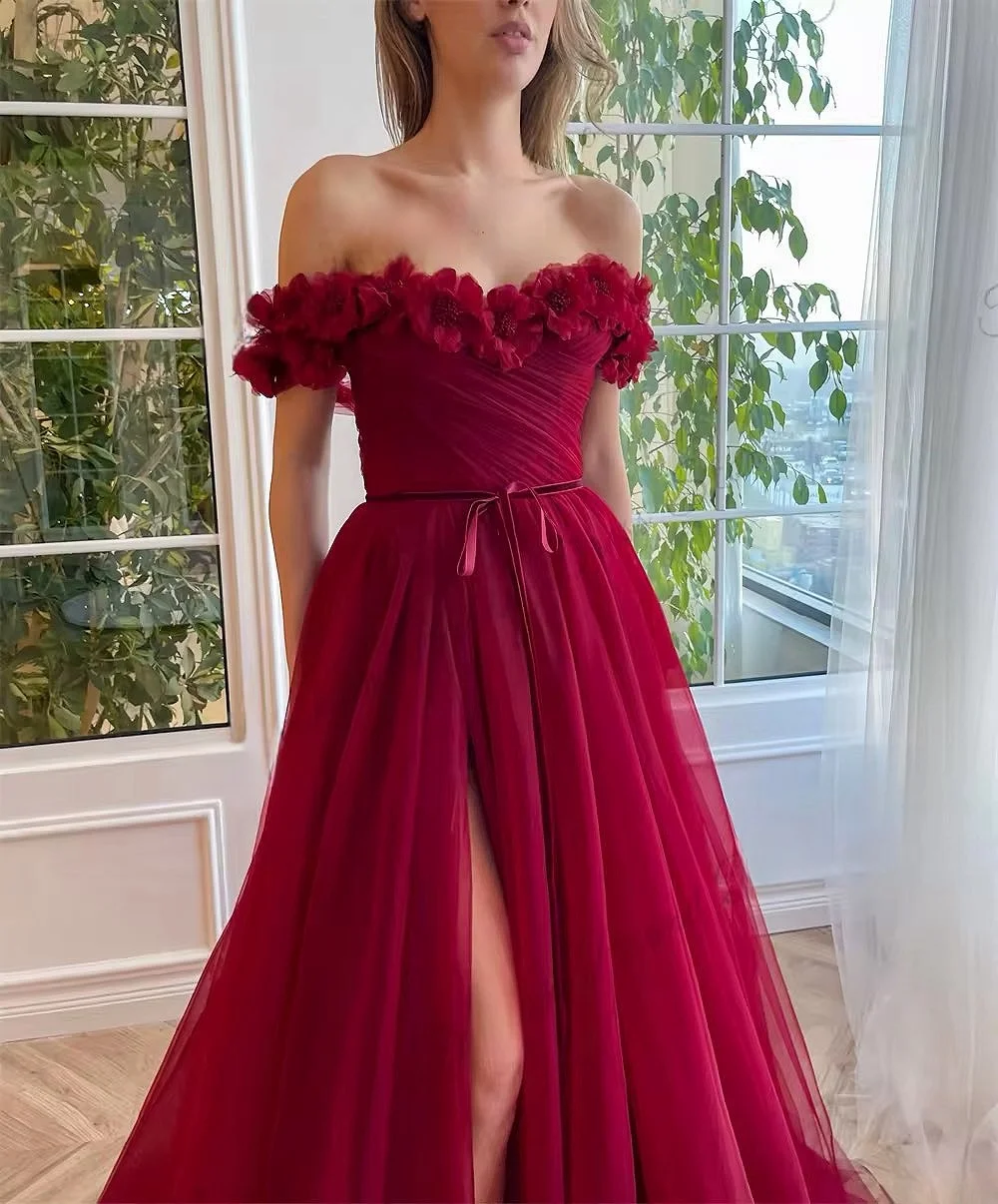 Robe de Rhsans bretelles rouge foncé, ligne A, appliques en dentelle initiées, corset plissé, fibtulle, robe de soirée formelle longue