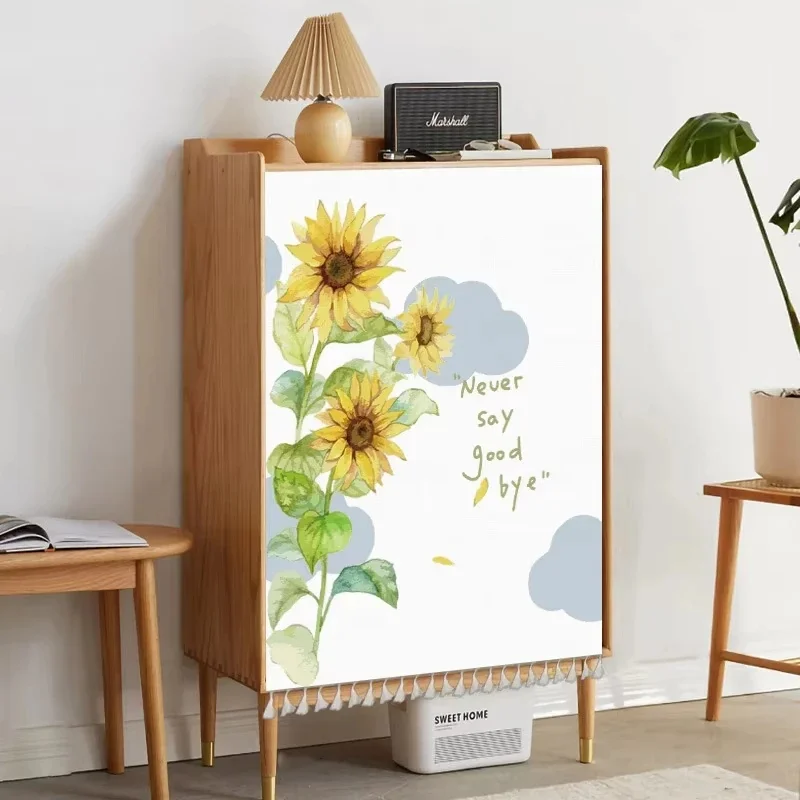 VIKAMA Watercolor Sunflower Cabinet Curtain Inspirational Text Print Tassel Fabric Dust‑proof Curtain Home Decor