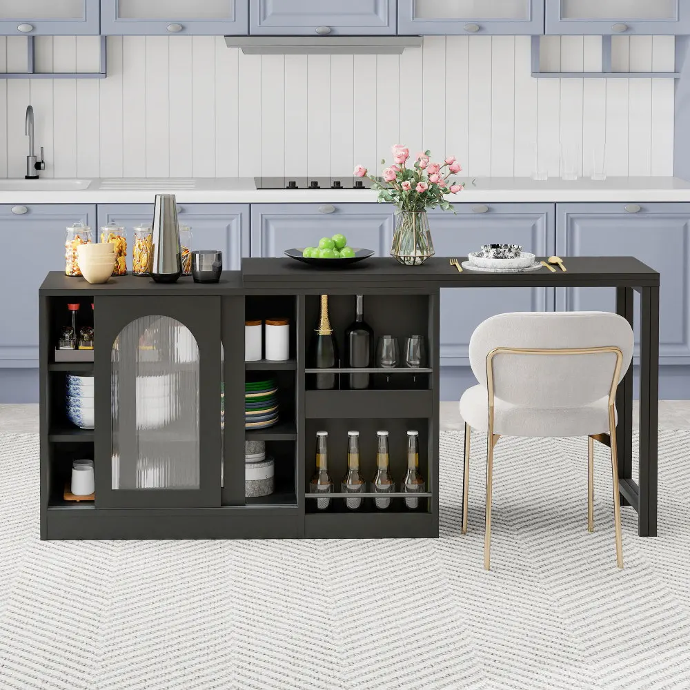 Moderner Bartisch, ausziehbar 360° ° Drehbarer Bartisch mit Stauraum, umkehrbarer Tisch, Sideboard-Bar mit Glastür – Detail 29