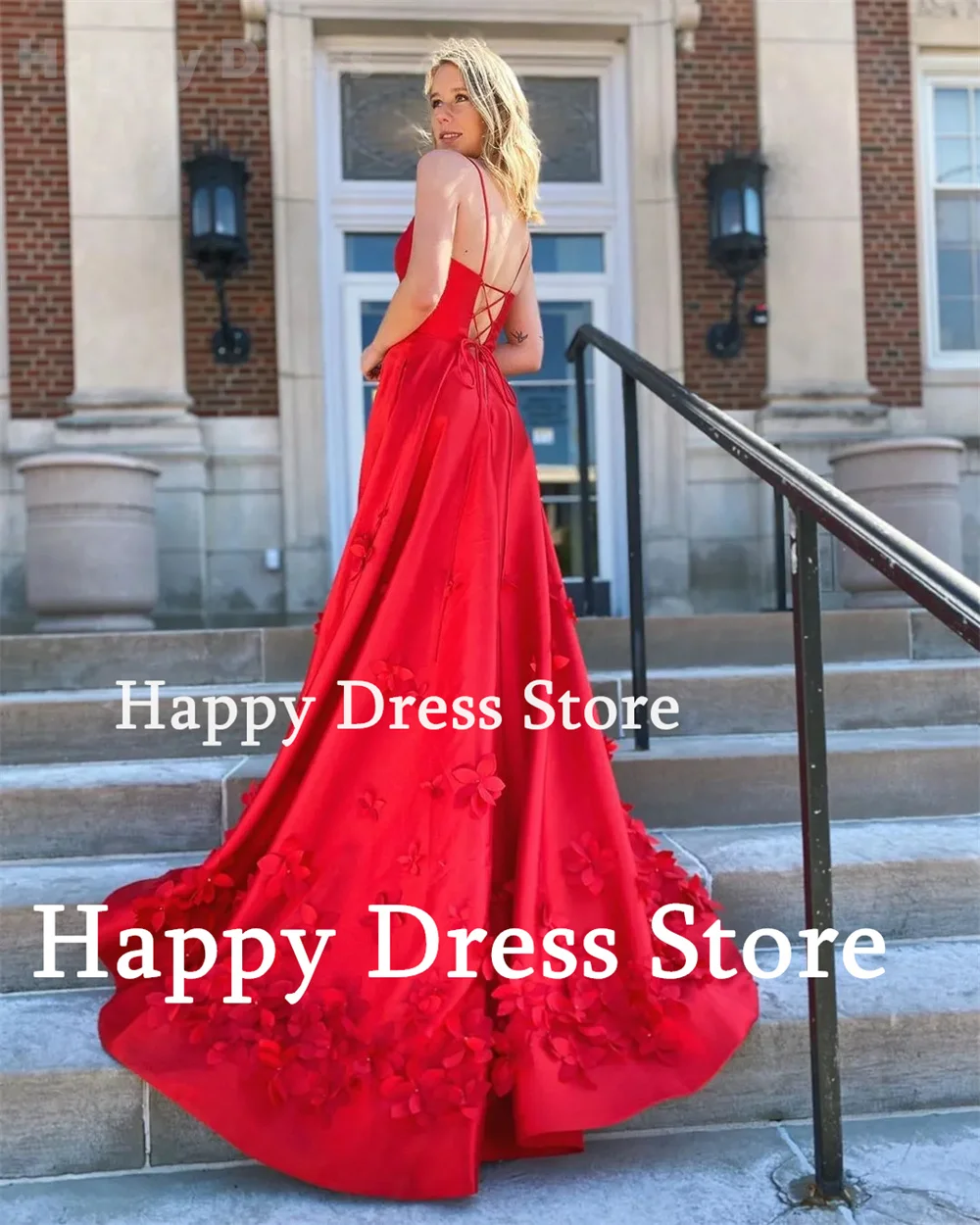 Happy Dress Sexy Spaghetti Straps Formal Evening Dress Appliques Red Prom Party Dress A-Line Satin Reception Dress Bridal Gown