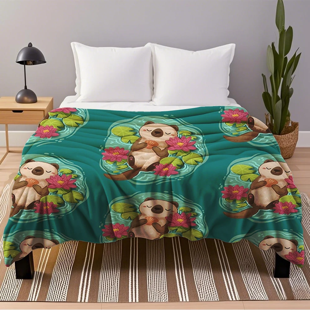 

Flannel Blanket Happy Otter for living room travel Fashionable and simple comforter breathable non fading resistant Blankets