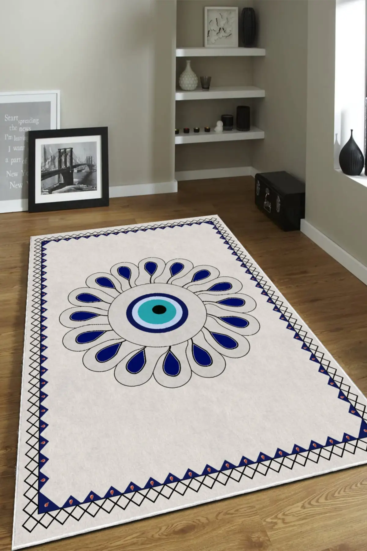 DOLBOVI digital printed non-slip base machine washable evil eye beaded hall carpet and Yolluk-519