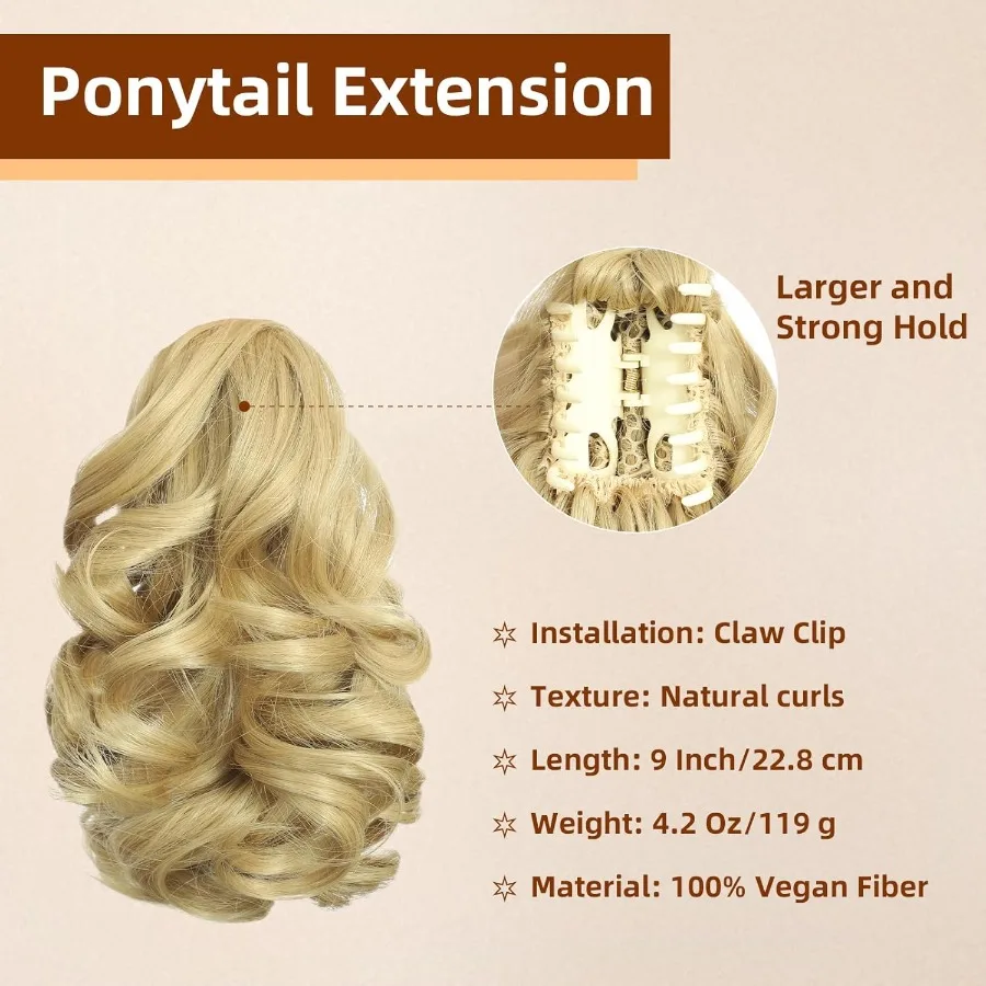 9 وصلات شعر قصيرة بمشبك على شكل ذيل حصان للنساء مع شعر صناعي طبيعي ناعم ومجعد ومموج مثالي لمواصفات الارتداء اليومي