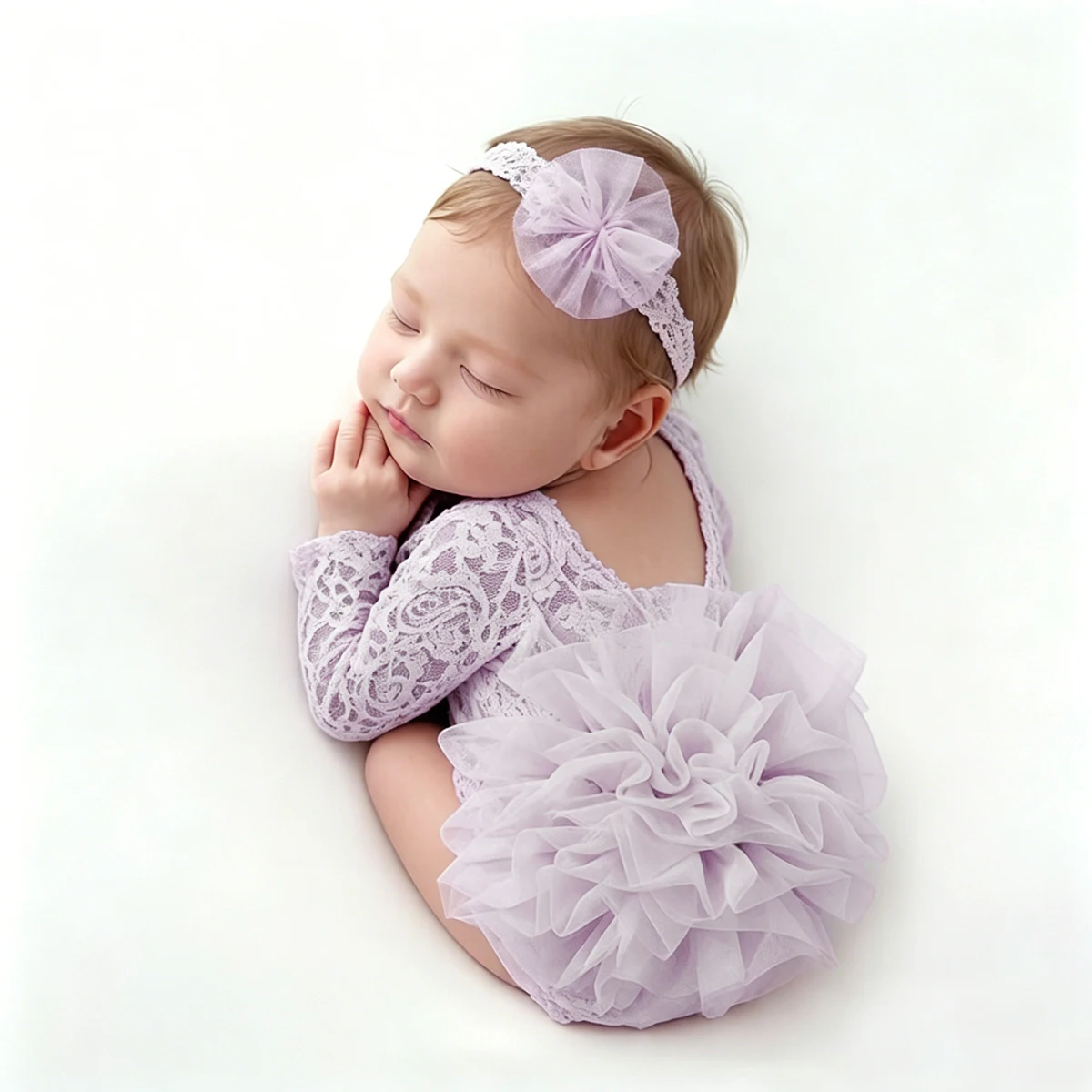 Ylsteed 2 Pieces Set Dusty Pink Newborn Lace Romper for Photo Shooting Fluffy Mesh Lace Photography Outfits with Headband