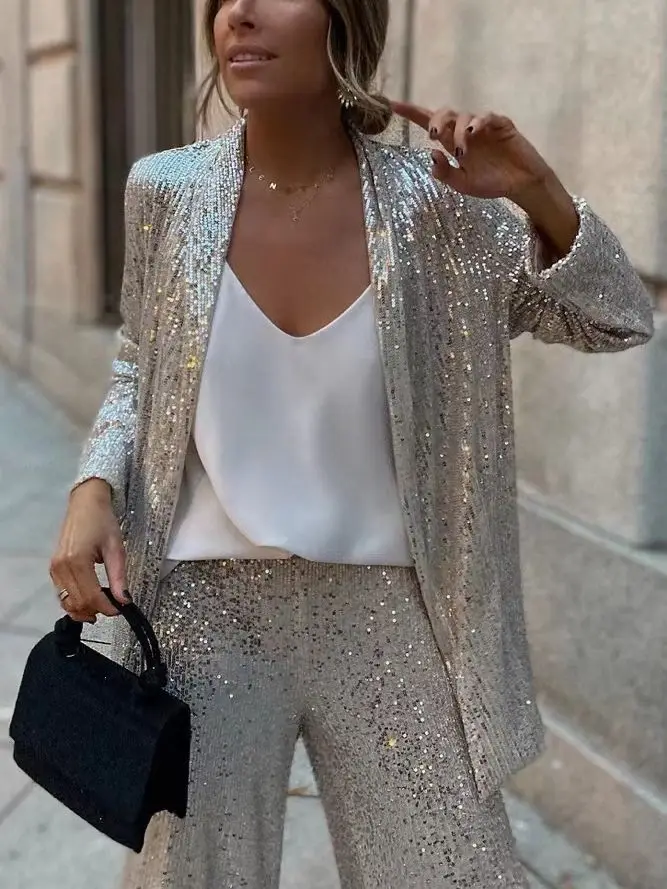 Sequin Suit For Women Long Sleeve Loose Blazer High Waist Wide Leg Pants 2024 New Fashion Bling Sparkly Sets