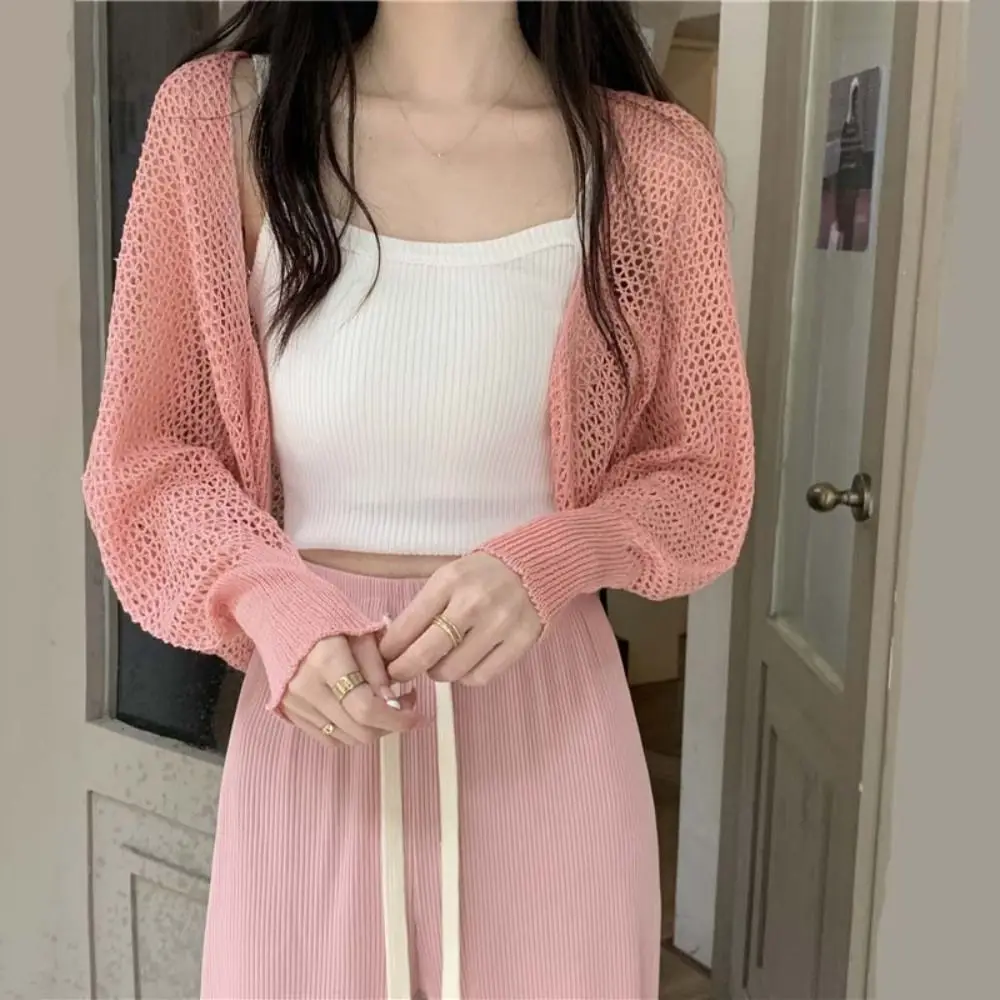 

Oversized Hollow Knitted Cardigan Top Long sleeved Loose Hollow Out Beach Crop Top Crochet Top Sunscreen